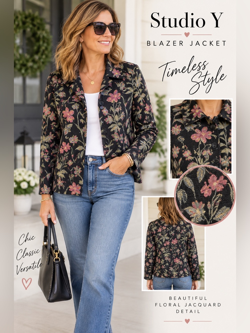 Studio Y Black Floral Button-Front Jacket with Pink and Green Blooms